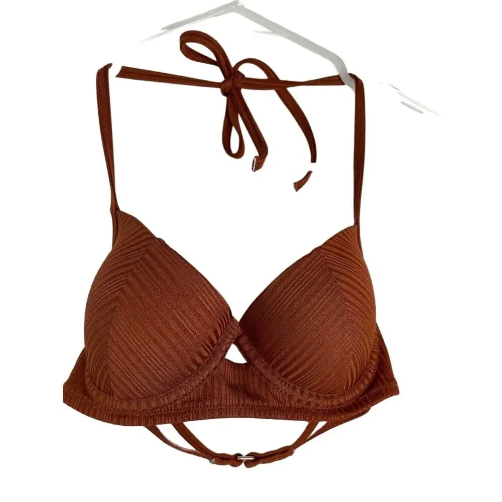 Shade & Shore Copper Bikini Top Swimsuit Fixed Cup Halter Tie Satin Top 32B